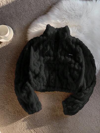 Comfortcana Women's Short Letter Graphic Fuzzy Casual Sweatshirt In Black Knitwear Crop Sweater Black Sweater Black Crop Jacket Crop Cardigan