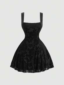 Sweetra 女士新款复古优雅酒红色假日派对及日常百搭天鹅绒花卉拼接缎面露背系带方领收腰无袖连衣裙 - 黑色 - 查看 2