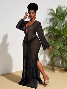 Veslaya Đầm dệt kim gợi cảm cổ chữ V khoét sâu màu trơn dành cho nữ cỡ lớn - màu đen - Xem 3