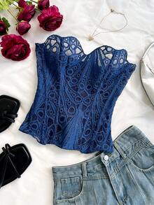 Soleia European & American Style Sexy Vacation Lace Double-Layer Corset Bustier, Hollow Embroidered Shapewear, Deep Blue - Royal Blue - View 6