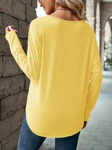 EMERY ROSE Women's Solid Color Button Design V-Neck Long Sleeve Casual T-Shirt - Yellow - View 2