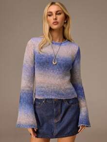 女士渐变色圆领长袖休闲套头毛衣，秋冬季 - 彩色 - 查看 4