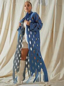 Vixey Laser Cut Out Notched Collar Long Line Denim Duster - Medium Wash - View 1