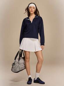 Hanevo Women's Casual Sports Back To School Outfit - Stand Collar Zip-Up Long Sleeve Top & White Pleated Mini Skirt Set - Blue - View 5
