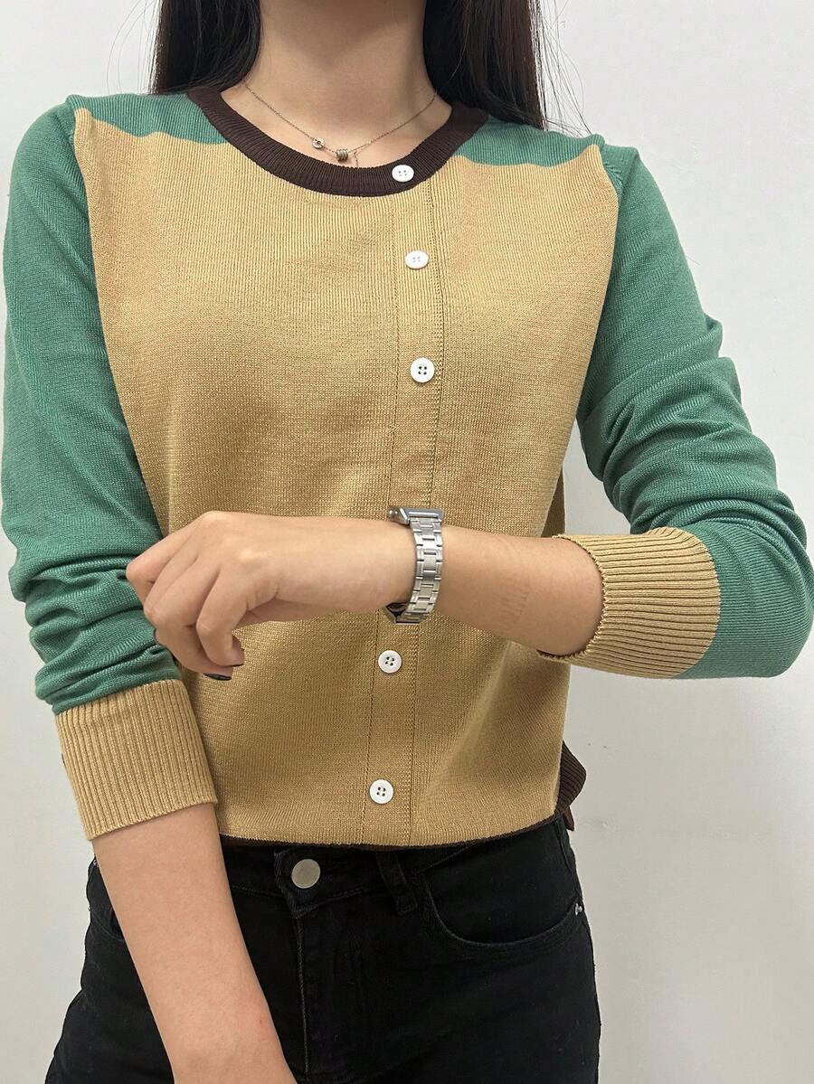 SHEIN Unity 女士休闲撞色圆领长袖针织套头衫，秋冬款 - 彩色 - 查看 1