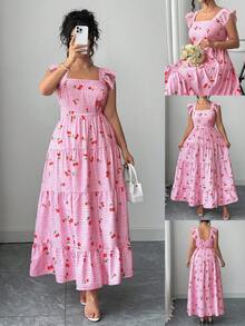 Elenzga Váy maxi tay phồng cổ vuông họa tiết caro màu hồng anh đào ngọt ngào cỡ lớn dành cho nữ thời trang xuân/hè, dáng chữ A thắt eo thanh lịch, thích hợp mặc khi đi chơi mùa xuân, mua sắm, tiệc tùng, đi làm, mặc hàng ngày - Nhiều màu - Xem 3