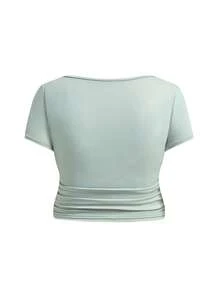 SHEIN 2 pezzi Set casual di maglietta a maniche corte con scollo quadrato e arricciature e pantaloni con vita con coulisse, colore tinta unita, per gravidanza - Verde - Visualizzare 6