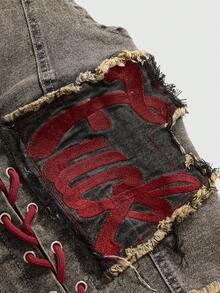 ROMWE Avant 女士 Y2K 复古运动芭蕾风图案刺绣系带低腰性感牛仔露脐上衣 - 淺灰色 - 查看 4