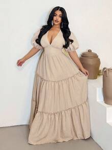 Maweii 大码女式层叠荷叶边V领泡泡袖连衣裙 - 杏色 - 查看 3