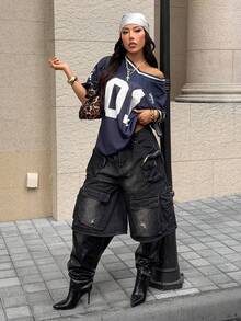 SHEIN EZwear Casual Sports Color-Block Loose Short Sleeve T-Shirt With Digital Print And Drop Shoulders - Navy Blue - View 3