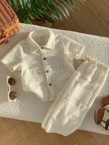 SHEIN 2件套男女宝宝幼儿白色镂空舒适短袖针织衫套装，包含上衣和阔腿裤，休闲复古百搭，日常可爱，适合春、夏、秋季、节日、庆典、度假、郊游、假日、婚礼、婴儿派对、洗礼、周岁生日等场合。 - 白色 - 查看 6