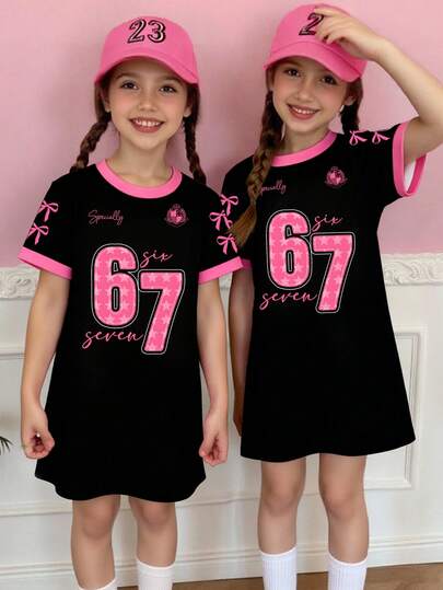 Summer & Fall Girls Casual Fashionable Creative Personalized Refreshing Minimalist Pink Number 67 Pentagram Badge Pink Bow Contrast Color Lettering Graphic Print Comfortable Daily Casual Short Sleeve T-Shirt Dress, Cozy Summer And Fall Styles Suitable For Girls
