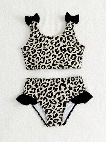SHEIN 女童豹纹蝴蝶结装饰比基尼套装，可爱幼儿/女童两件式泳衣，适合海滩、泳池、派对 - 彩色 - 查看 7