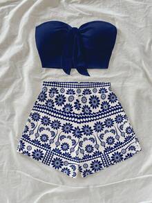 Soleia 女士夏季度假纯色打结抹胸上衣和印花短裤两件套 - 彩色 - 查看 5