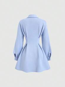 Sweetra Women's New Spring/Autumn Suitable For Outing, Vacation, Commuting, College Style Solid Color Suede Fabric Waist Ruched Design A-Line Mini Dress - Blue - View 2