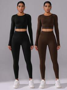 Eassivo Eassivo Ensemble de sport sans couture pour femmes avec t-shirt à manches raglan de couleur unie et leggings taille haute - Multicolore - Voir 4