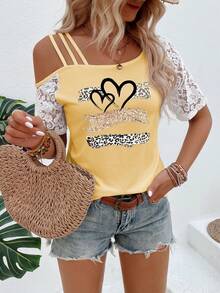 SHEIN LUNE 女士蕾丝拼接爱心豹纹印花T恤 猎豹印花T恤 女士上衣 - 黃色 - 查看 4