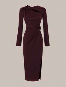Modelyn Solid Color 3D Floral Hollow Out Pleated Fitted Slit Hem Midi Dress For Women - Brown - View 1
