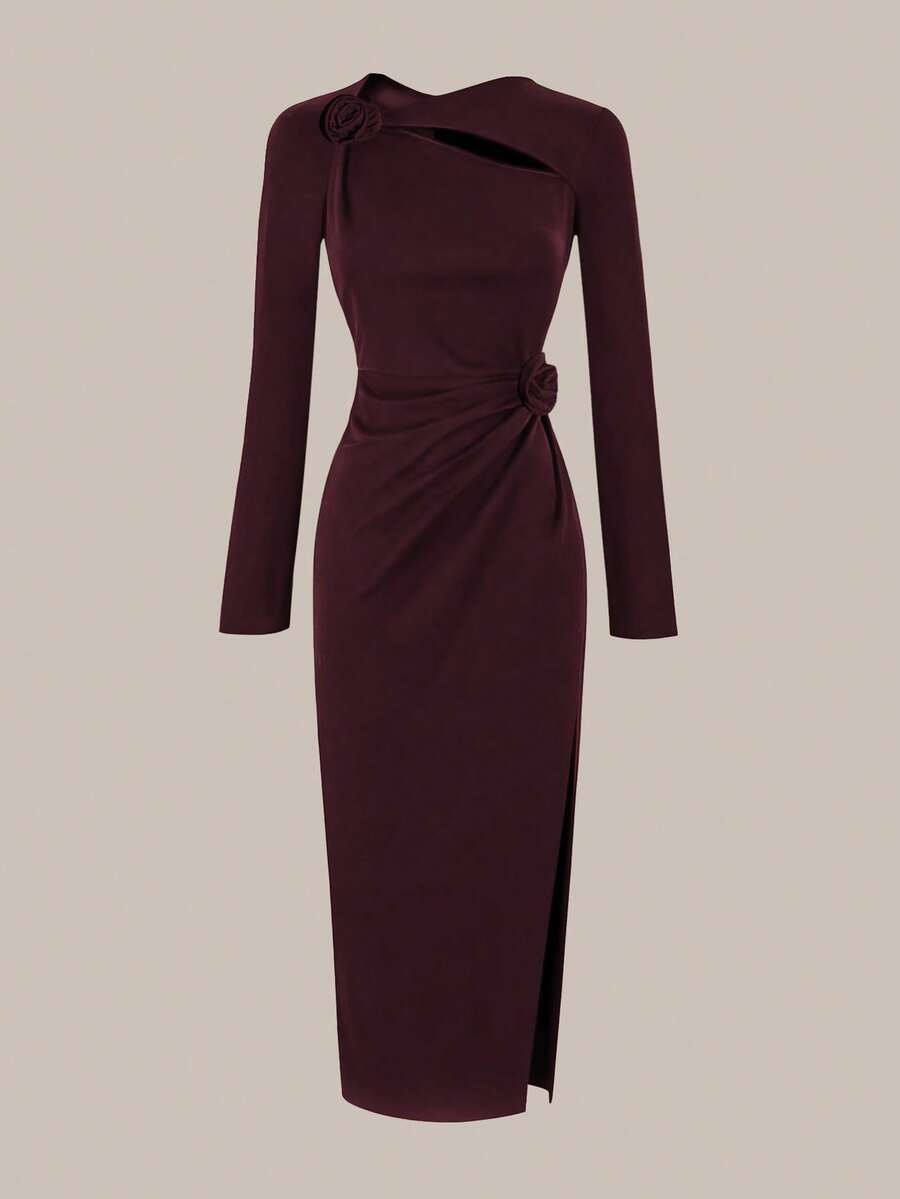 Modelyn Solid Color 3D Floral Hollow Out Pleated Fitted Slit Hem Midi Dress For Women - Brown - View 1