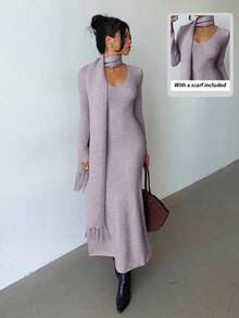 Elenzga Váy len cổ chữ V màu mơ nhạt thanh lịch, đơn giản, thoải mái, phong cách cổ điển kèm khăn tua rua, thích hợp mặc khi đi làm và đi chơi vào mùa thu/đông - Màu tím - Xem 8