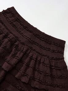 SHEIN Tall CURVE 大码女式甜美高腰层叠荷叶边泡泡袖半身裙，高腰半身裙，春夏款 - 咖啡棕 - 查看 6