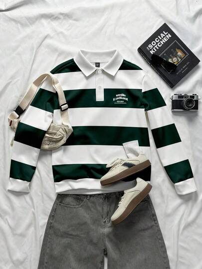 Claim Dot 男士休闲绿白条纹纽扣领套头衫，适合秋冬季，百搭日常穿着