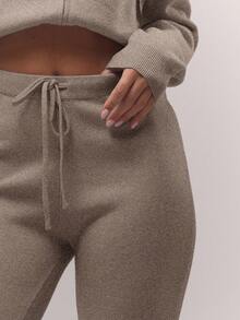 MUSERA 针织抽绳腰阔腿宽松长裤，仅下装，秋季复古乡村风，返校季休闲家居裤，女士奶油糖色优雅晚宴派对春季款 - 卡其色 - 查看 5