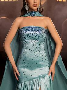 Glamrae Elegantes, luxuriöses Abendkleid mit Strasssteinen verziert, trägerloses Meerjungfrauenkleid mit hohem Schlitz (abnehmbarer Halter), geeignet für alle formellen Anlässe, Hochzeiten, luxuriöser Herbst-/Winterabendmantel, Abendkleid für formelle Dinners - Blau - Übersicht 1