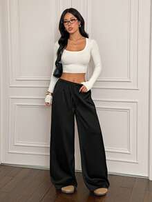 SHEIN PETITE Váy dài màu nâu marl đa năng, chất liệu satin cổ điển, lưng thấp dành cho nữ - màu đen - Xem 7