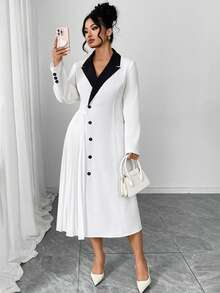 SHEIN Elenzya Große Größen Elegantes Pendlerkleid für Damen, mit Kragen, Langarm, Taillenbund mit Falten, Schwarz & Weiß, Herbst/Winter - Schwarz und Weiss - Übersicht 6