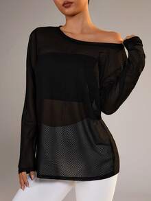 SHEIN Velisys 2件装女士纯色圆领宽松长袖运动T恤网眼上衣，适合健身穿着，透视长袖运动上衣 - 黑色 - 查看 3