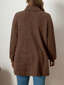 Zelara Plus Size Women Solid Color Dropped Shoulder High Neck Long Sleeve Casual T-Shirt, Knitted Texture - Brown - View 2