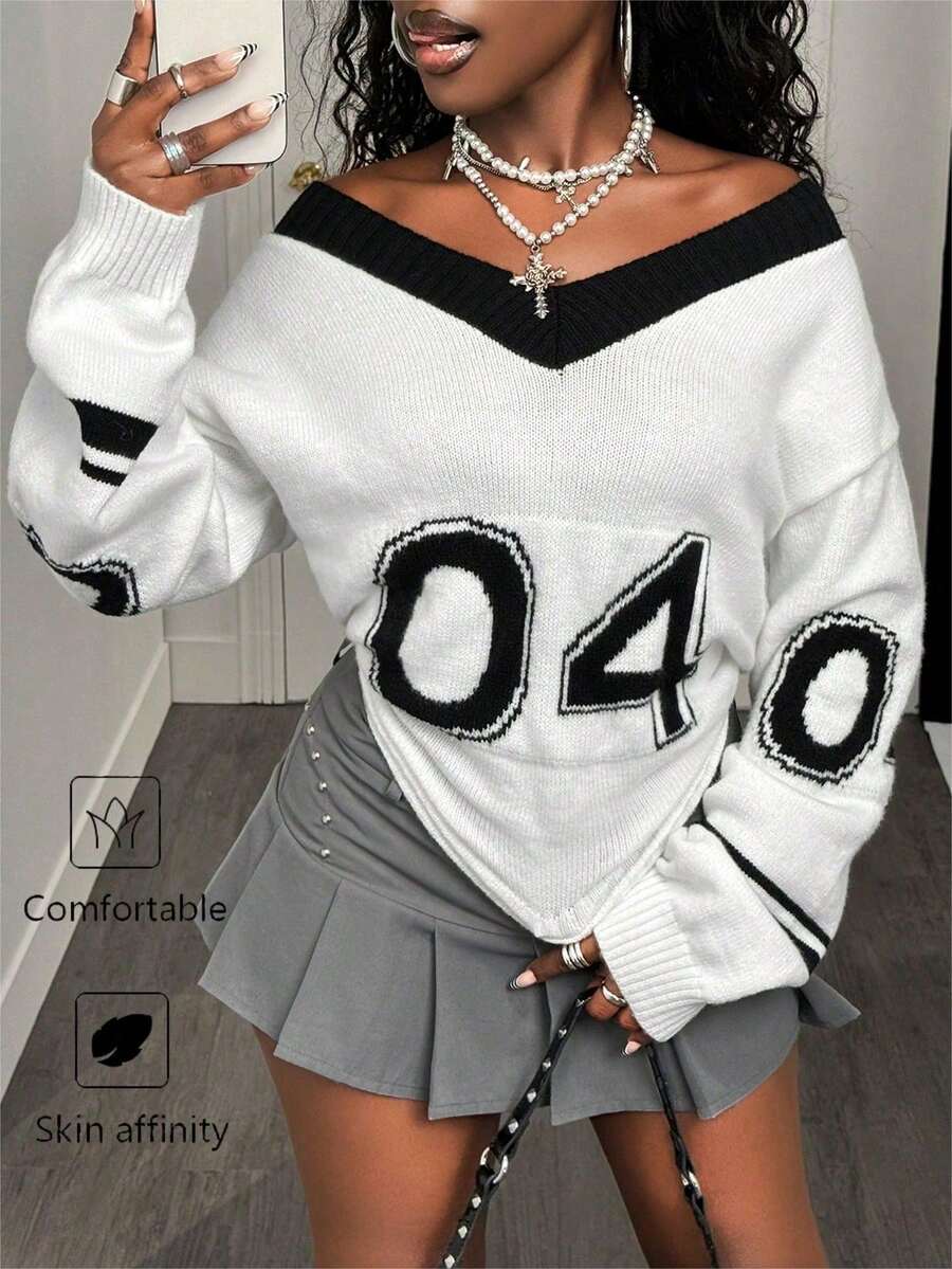 SHEIN BamGlam BamGlam Women's Fashionable Colorblock Numeric Pattern Sweater, Autumn/Winter/Spring,Jersey,White Pullover,Black Collar Edge, Black And White Contrast Color,Winter For Women, Winter, Women's Winter For Women,White,Graphic,Black - White - View 1