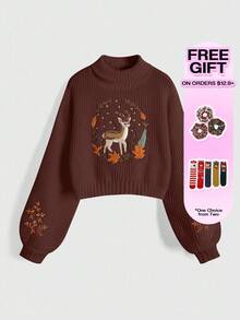 ROMWE Fairycore Áo len dài tay dáng rộng cổ lọ trễ vai thêu hình hươu cho nữ - màu nâu - Xem 5