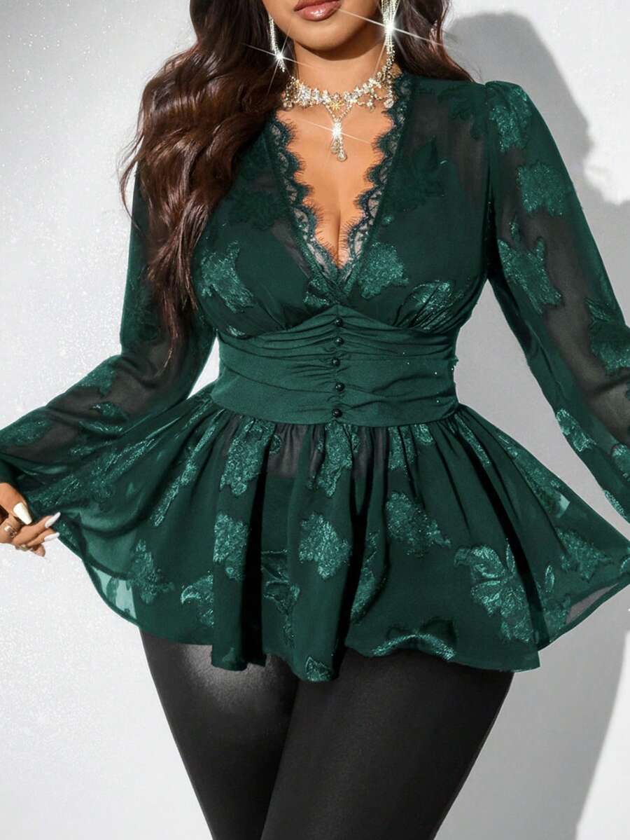 Viva Relle Plus Size Women Ruched V-Neck Long Sleeve Blouse - Dark Green - View 1
