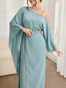 Al Najma 女士优雅拼接缎带肩部阿拉伯风格连衣裙，秋季 - 綠色 - 查看 6