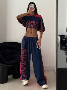 StreetHx 2 st/set kvinnor tryckt kontrastfärgad croppad topp + mjukisbyxor - Multifärgad - Visa 6