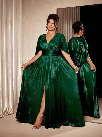 Cravure Vestido de noche formal largo para mujer de talla grande, vestido con abertura frontal, vestido de gala con capa dorada brillante de escote en V, vestido de talla grande de tela metálica con cuello de chal y cintura ceñida, lujoso y estilizador, elegante y glamoroso