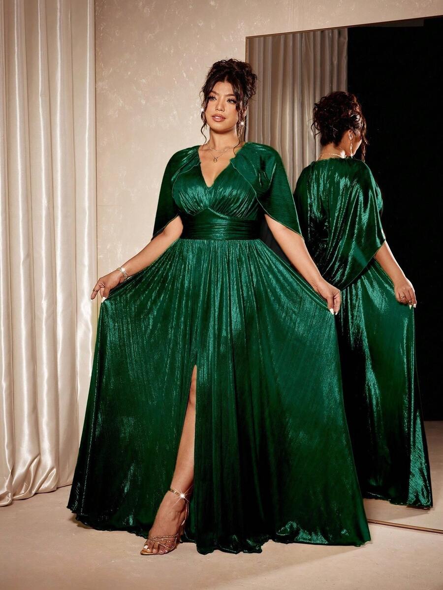 Cravure Váy dạ hội dài trang trọng cỡ lớn dành cho nữ, váy xẻ tà phía trước, váy choàng cổ chữ V màu vàng sáng bóng, váy vải kim loại cỡ lớn có cổ áo choàng và eo thắt, sang trọng và thon gọn, thanh lịch và quyến rũ - màu xanh lá - Xem 1