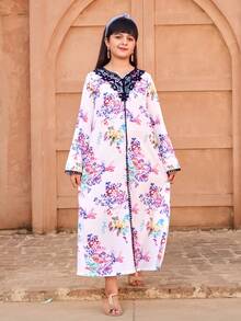 Vestido de moda casual para niñas con patrón floral de tela tejida, con cuello con adorno de flores 3D y ribete de cinta, suelto y cómodo, adecuado para primavera, verano, otoño, uso diario, al aire libre, fiesta, sesión de fotos - Multicolor - Ver 5