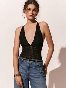 Poéselle Women's Deep V-Neck Contrast Lace Halter Bodysuit,Black Floral,Summer,Chic,Club,Valentine Outfits,Vacation Beach Outfit,Daily Office Wear,Spring - Black - View 2