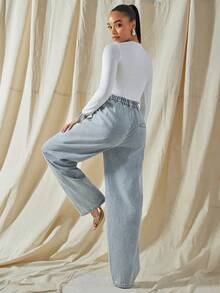 Vixey Jeans de pierna ancha versátiles y casuales con bolsillos plisados para mujeres - Azul lavado medio - Ver 2
