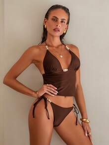 Swim Chiccia 2pcs/Set Spring Break Summer New Solid Color Spaghetti Strap Sexy Elegant Vacation Camisole & Bikini Set With Beaded Accessories, Suitable For Beach, Pool Party - Coffee Brown - View 4