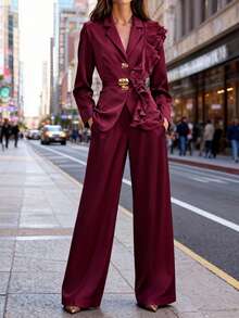 EMERY ROSE 女士优雅奢华正式礼服套装，亮片欧根纱荷叶边领带西装套装，包含长袖外套和直筒裤，酒红色，适合万圣节、圣诞节、新年派对、毕业典礼、婚礼等场合。 - 酒紅色 - 查看 4