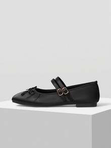 MOTF WOMEN'S ELEGANT MINIMALIST COMMUTING SOLID COLOR BOW DECOR DOUBLE BUCKLE STRAPS BALLET FLATS SHOES FOR CHRISTMAS VALENTINE'S DAY SPRING SHOES - Black - View 2