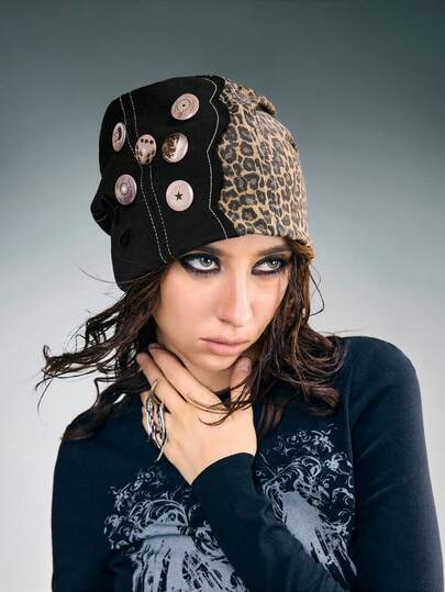 Goth 1pc Y2K Baddie Vintage Black Patchwork Leopard Print Texture Multi-Pattern Badge Decor Design Slouchy Beanie, Fashionable Minimalist Women Knit Hat, Suitable For Daily, Date, Shopping, Travel, Etc.