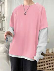 Claim Dot Áo nỉ nam dáng rộng tay raglan phối chữ, kiểu 2 trong 1, màu hồng phong cách đường phố, áo sơ mi rộng màu hồng, áo nỉ nam màu hồng, quần áo nam màu hồng, áo sơ mi nam phong cách đường phố. - Nhiều màu - Xem 4