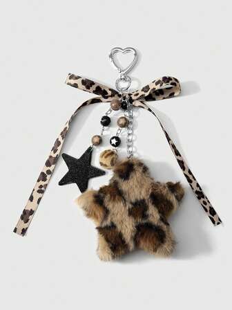 Kawaii 1 pezzo Ciondolo portachiavi alla moda e retrò in acrilico personalizzato con fiore a stella, pelliccia marrone finta, stampa leopardata e fiocco a cuore, adatto per le donne, uso quotidiano, regalo per le vacanze