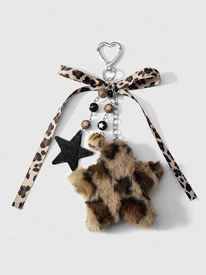 ROMWE Kawaii 1pc Fashionable Retro Personalized Acrylic Star Flower Brown Faux Fur Leopard Bow Heart DIY Keychain Bag Charm, Suitable For Women, Daily Wear, Holiday Gift