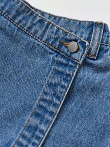 SHEIN Young Girl Asymmetric Waist Casual Versatile Denim Skort - Medium Wash - View 3